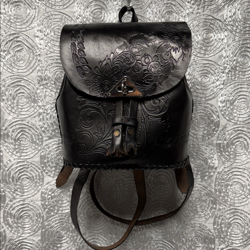 Black Embossed Leather Backpack